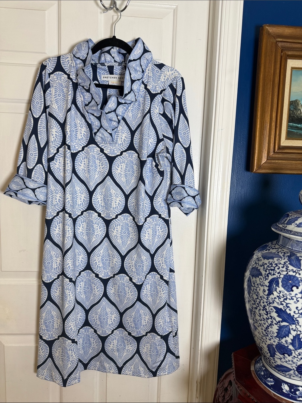 Gretchen Scott Designs Ruffneck Navy and Light Blue Indian Summer Print Dress XL